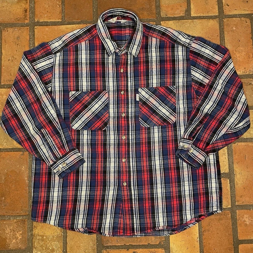 Vintage Carhartt Flannel Men's Large Red Blue Plaid Button Shirt